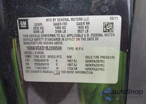 2011 Chevrolet Traverse 1Lt from USA, damaged, VIN 1GNKVGED1BJ388598